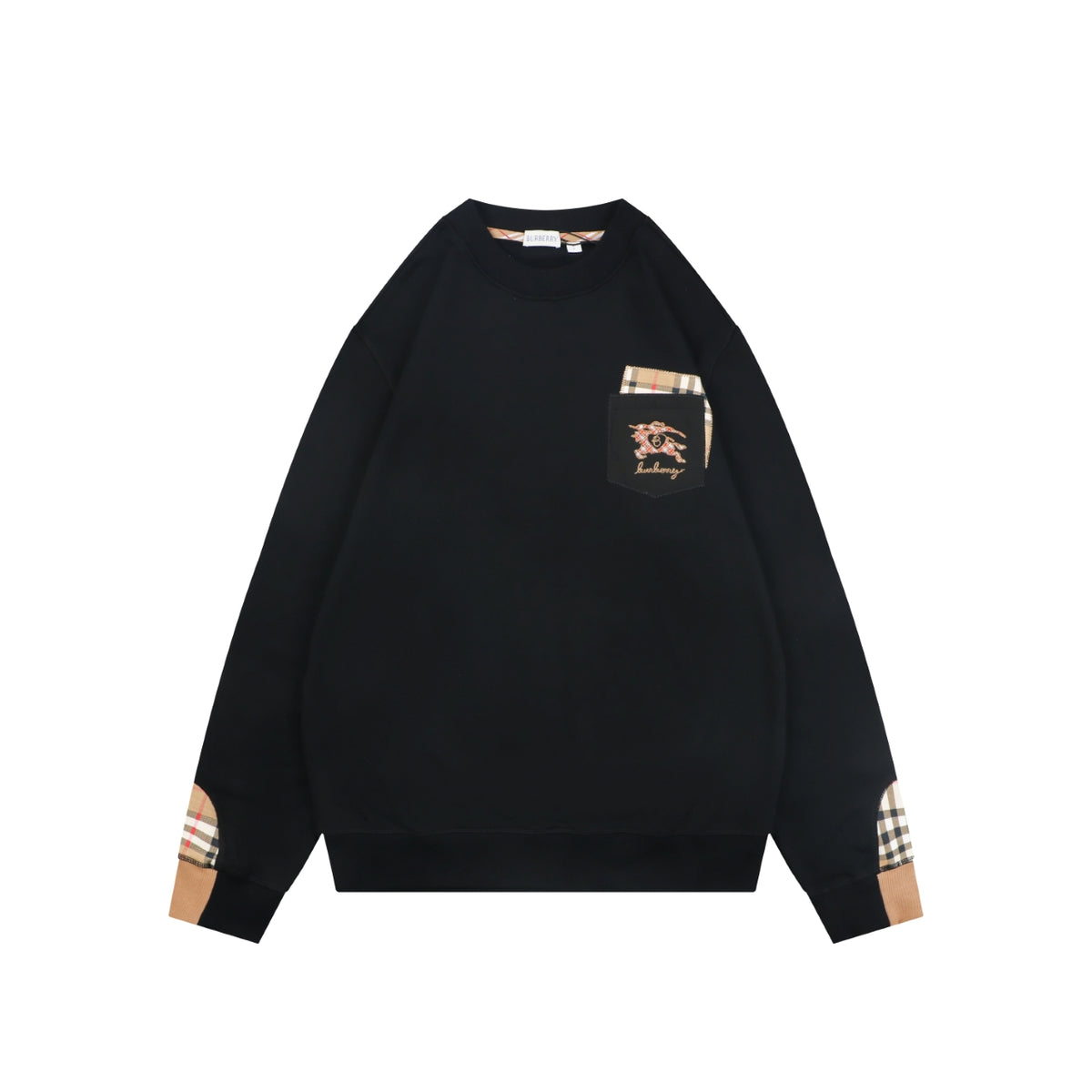 Burberry Black Check-Trim Pocket Crewneck Sweatshirt