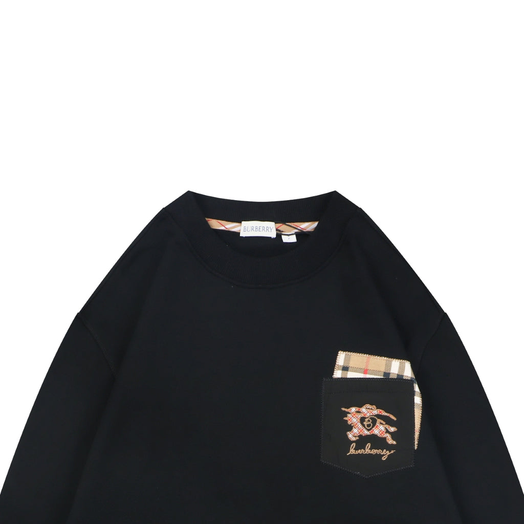 Burberry Black Check-Trim Pocket Crewneck Sweatshirt