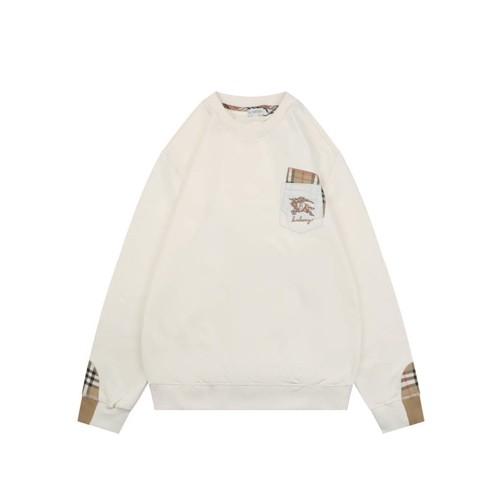 Burberry Ivory Check-Trim Pocket Crewneck Sweatshirt
