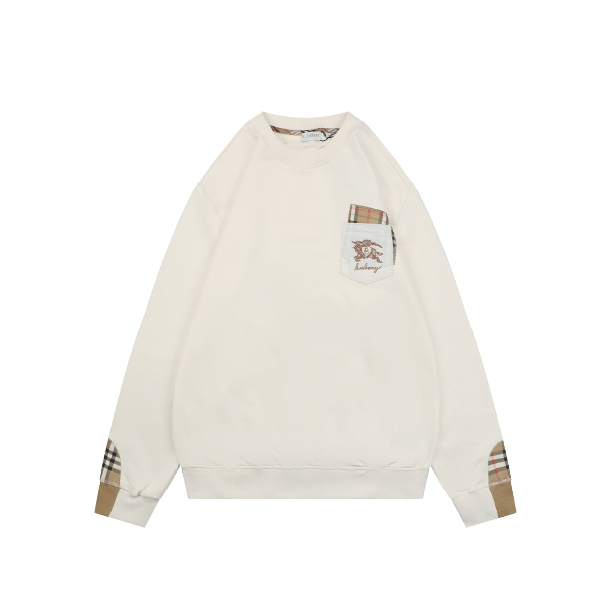 Burberry Ivory Check-Trim Pocket Crewneck Sweatshirt