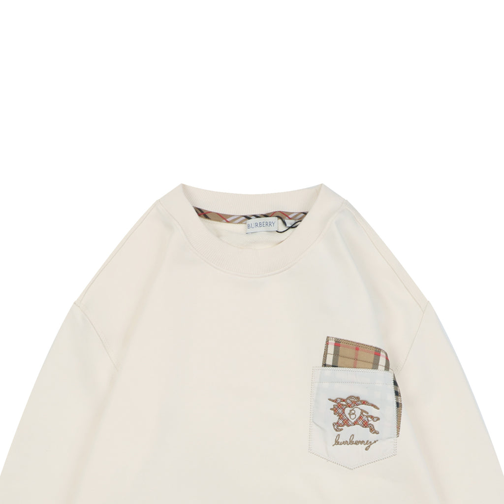 Burberry Ivory Check-Trim Pocket Crewneck Sweatshirt