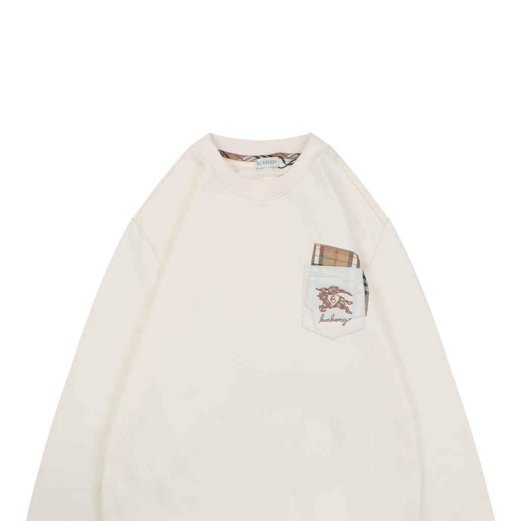 Burberry Ivory Check-Trim Pocket Crewneck Sweatshirt