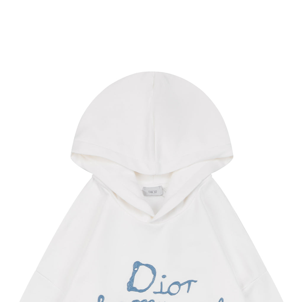Dior White Handwritten Logo Embroidered Hoodie