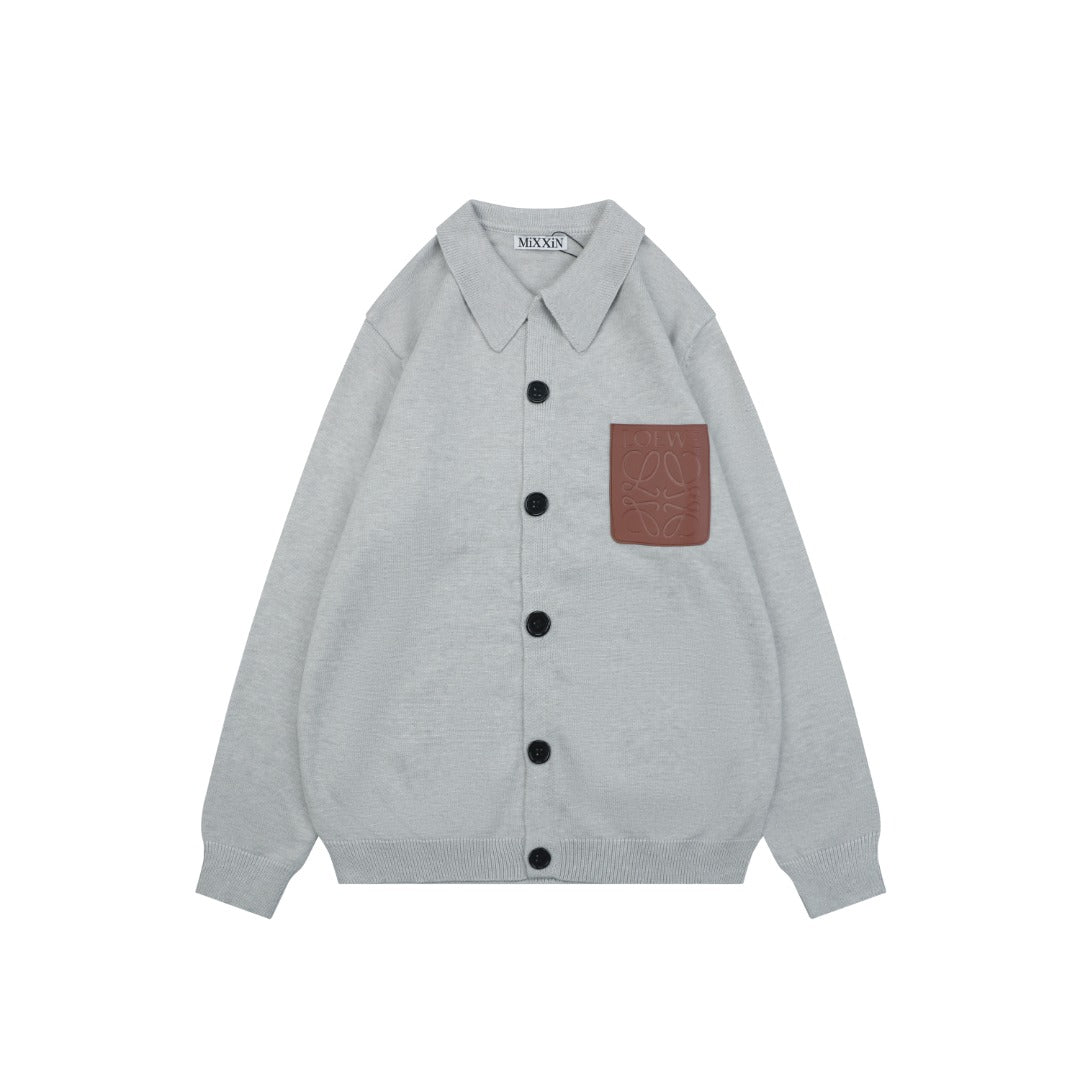 Loewe Logo-Patch Polo-Collar Cardigan - Light Gray