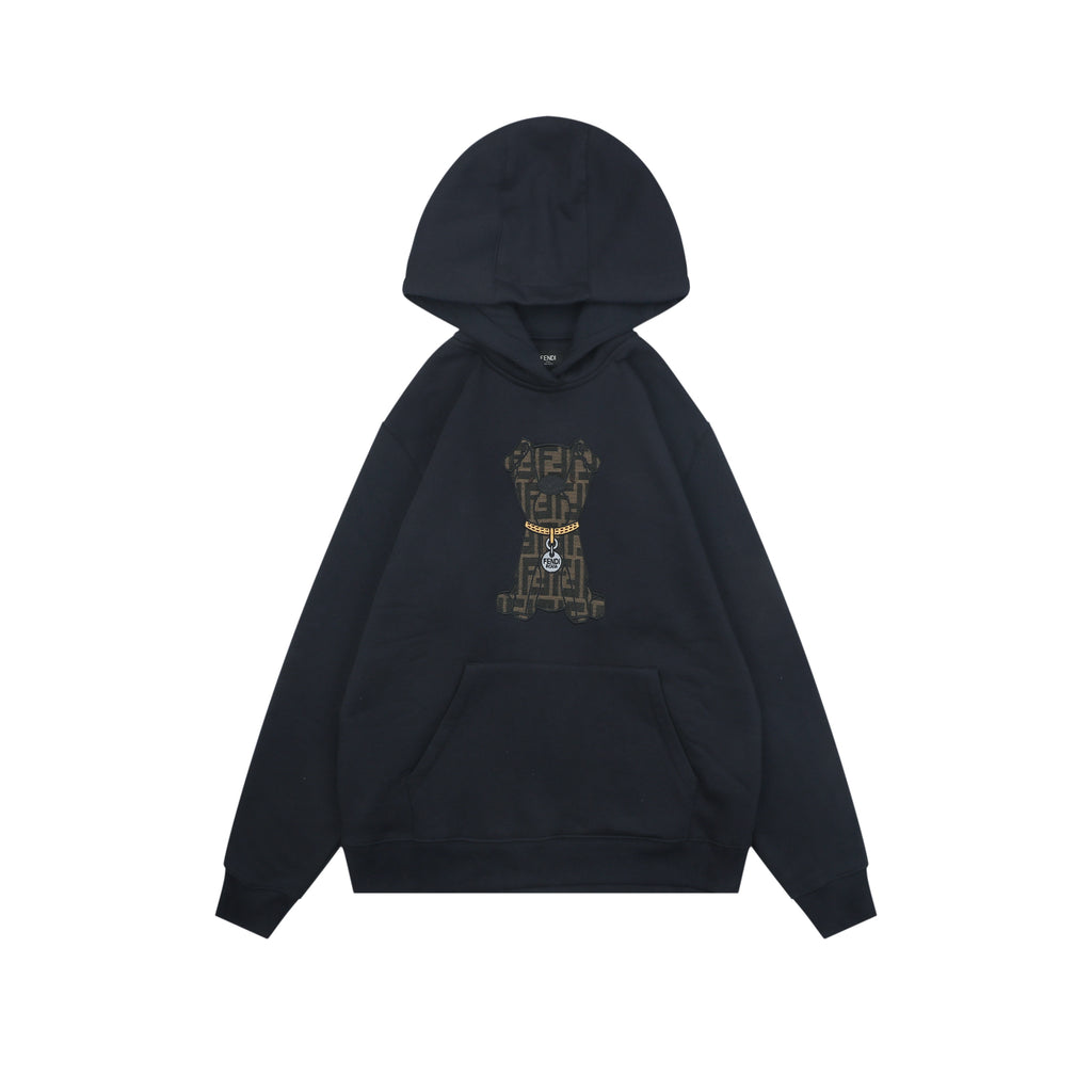 Fendi FF Monogram Dog Embroidered Hoodie - Navy