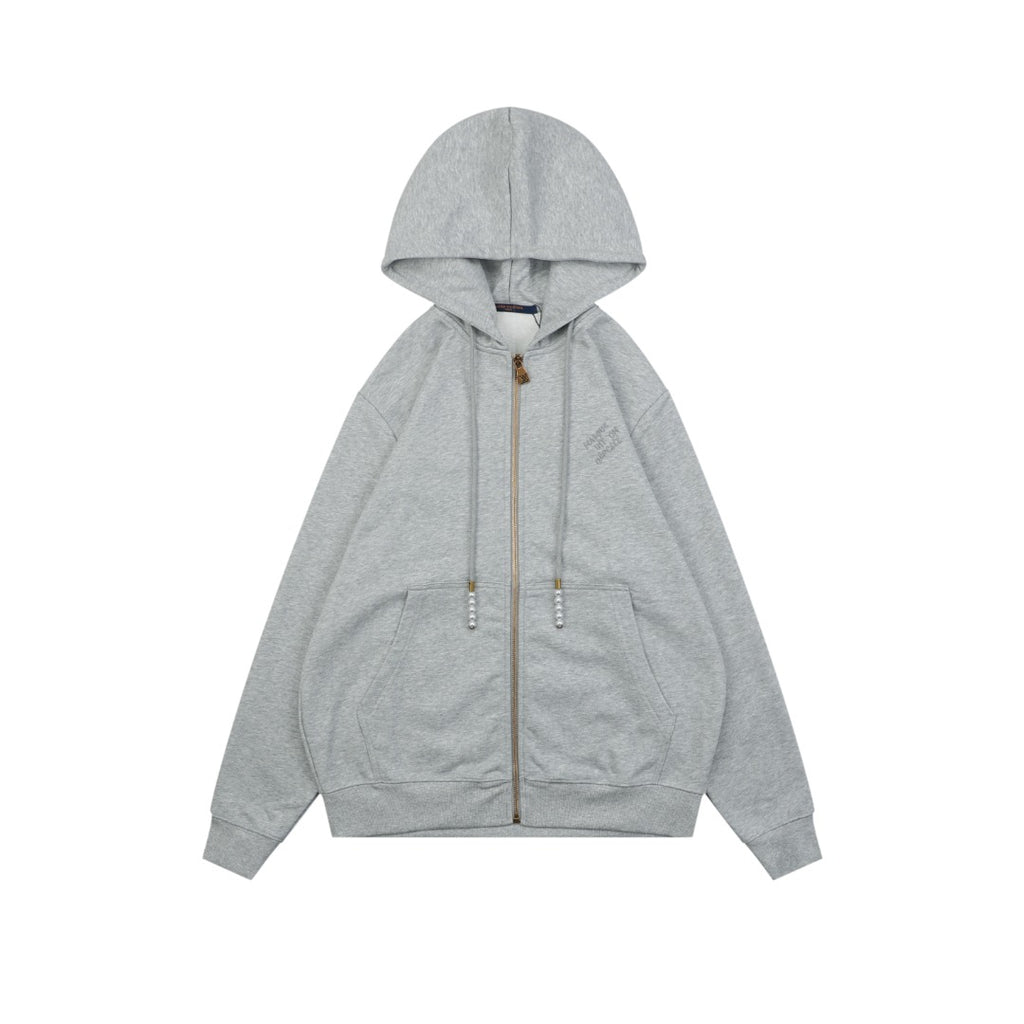 Louis Vuitton Pearl-Detail Drawstring Zip-Up Hoodie - Light Gray