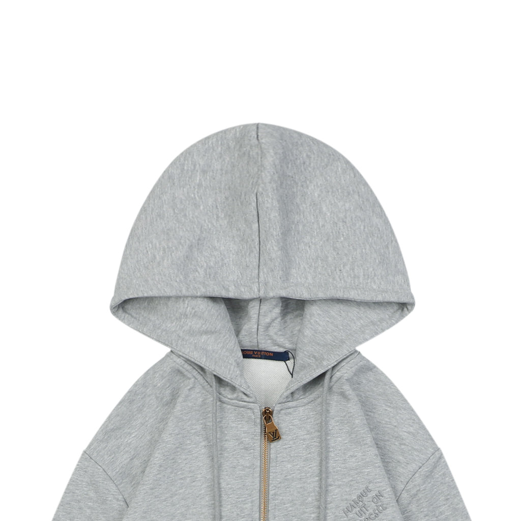 Louis Vuitton Pearl-Detail Drawstring Zip-Up Hoodie - Light Gray