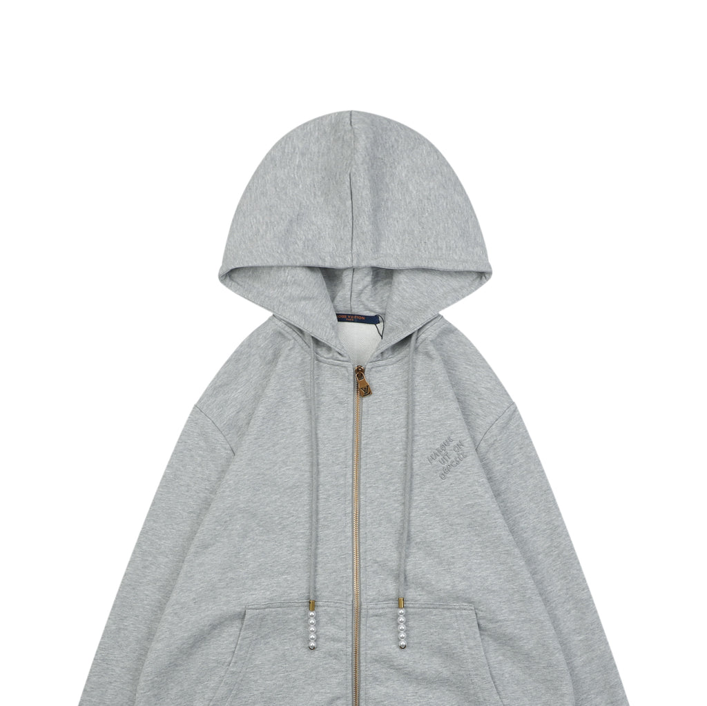 Louis Vuitton Pearl-Detail Drawstring Zip-Up Hoodie - Light Gray