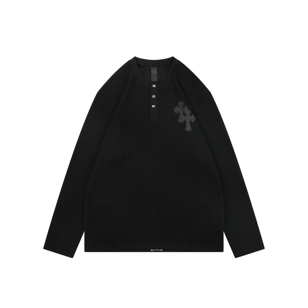 Chrome Hearts Cross-Patch Waffle-Texture Long-Sleeve Henley - Black