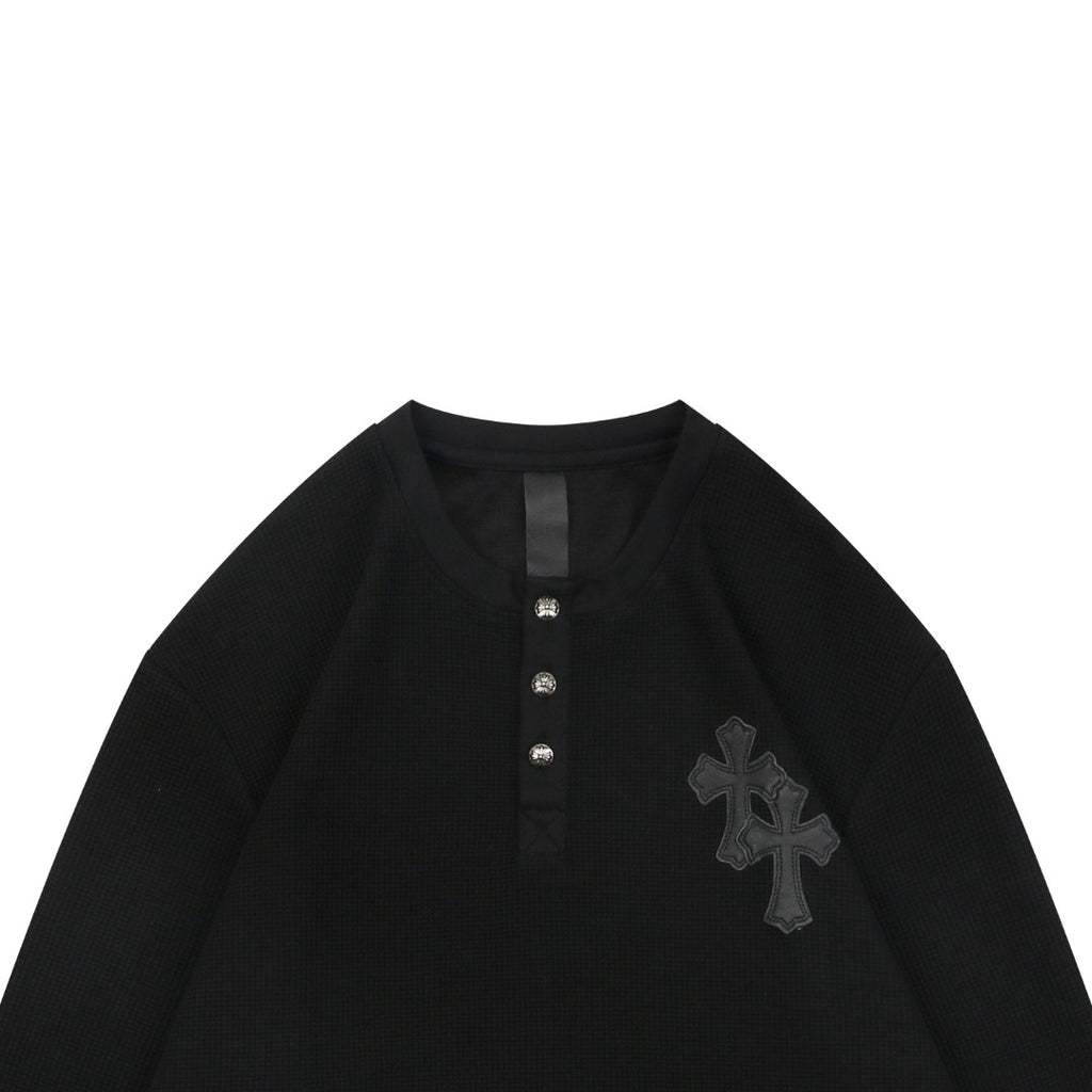 Chrome Hearts Cross-Patch Waffle-Texture Long-Sleeve Henley - Black