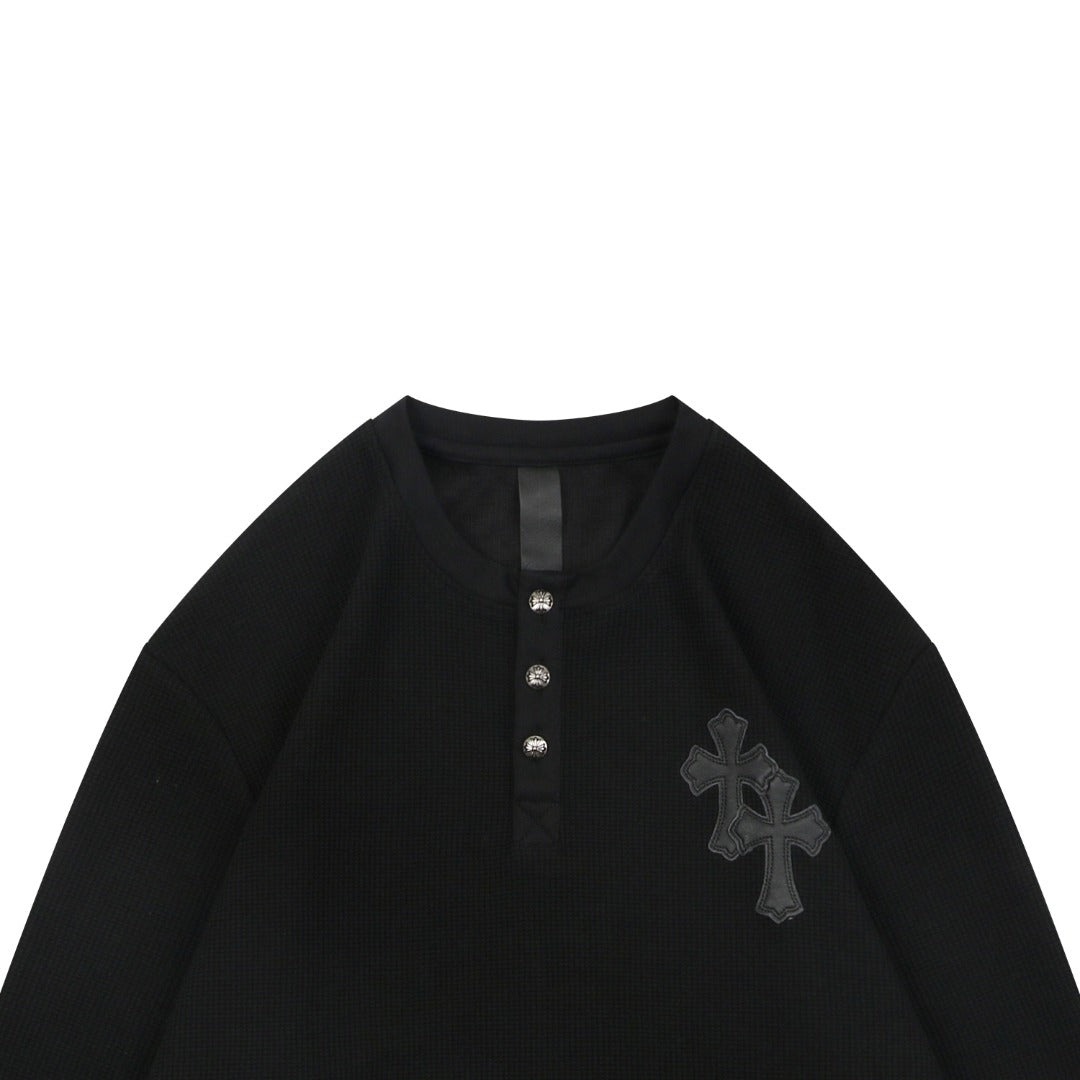 Chrome Hearts Cross-Patch Waffle-Texture Long-Sleeve Henley - Black