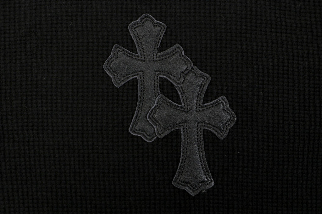 Chrome Hearts Cross-Patch Waffle-Texture Long-Sleeve Henley - Black