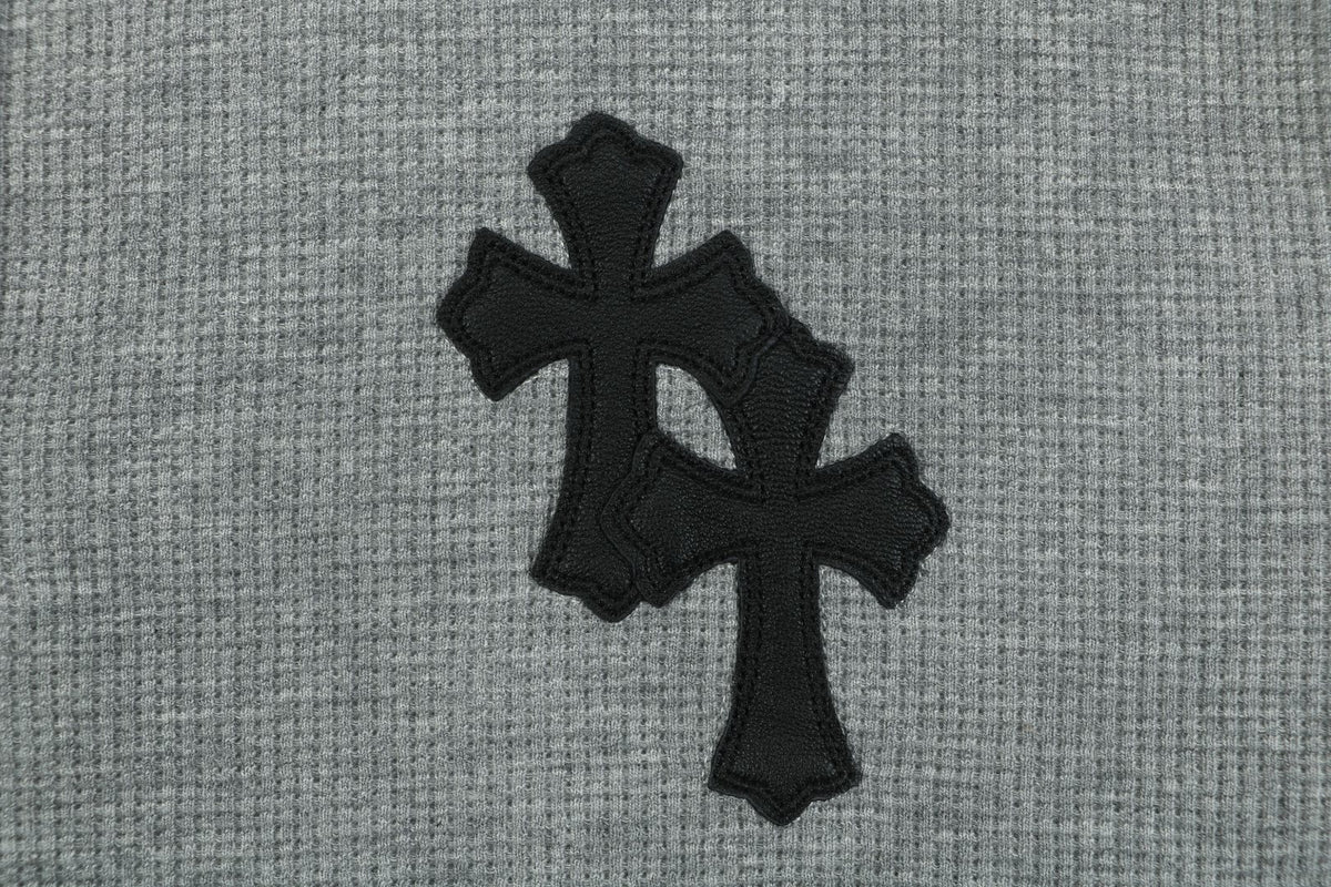 Chrome Hearts Cross-Patch Waffle-Texture Long-Sleeve Henley - Gray