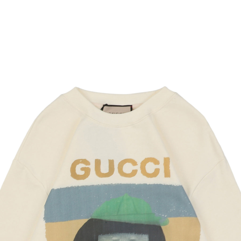 Gucci Green Hat Dog Print Crewneck Sweatshirt - Cream