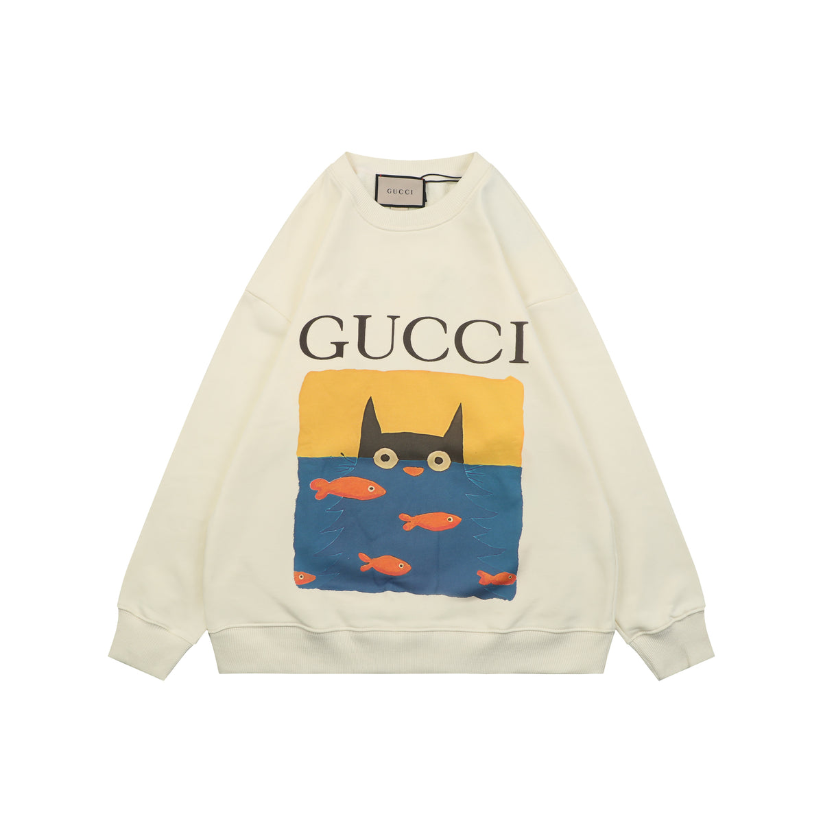 Gucci Cat Watching Fish Print Crewneck Sweatshirt - Cream