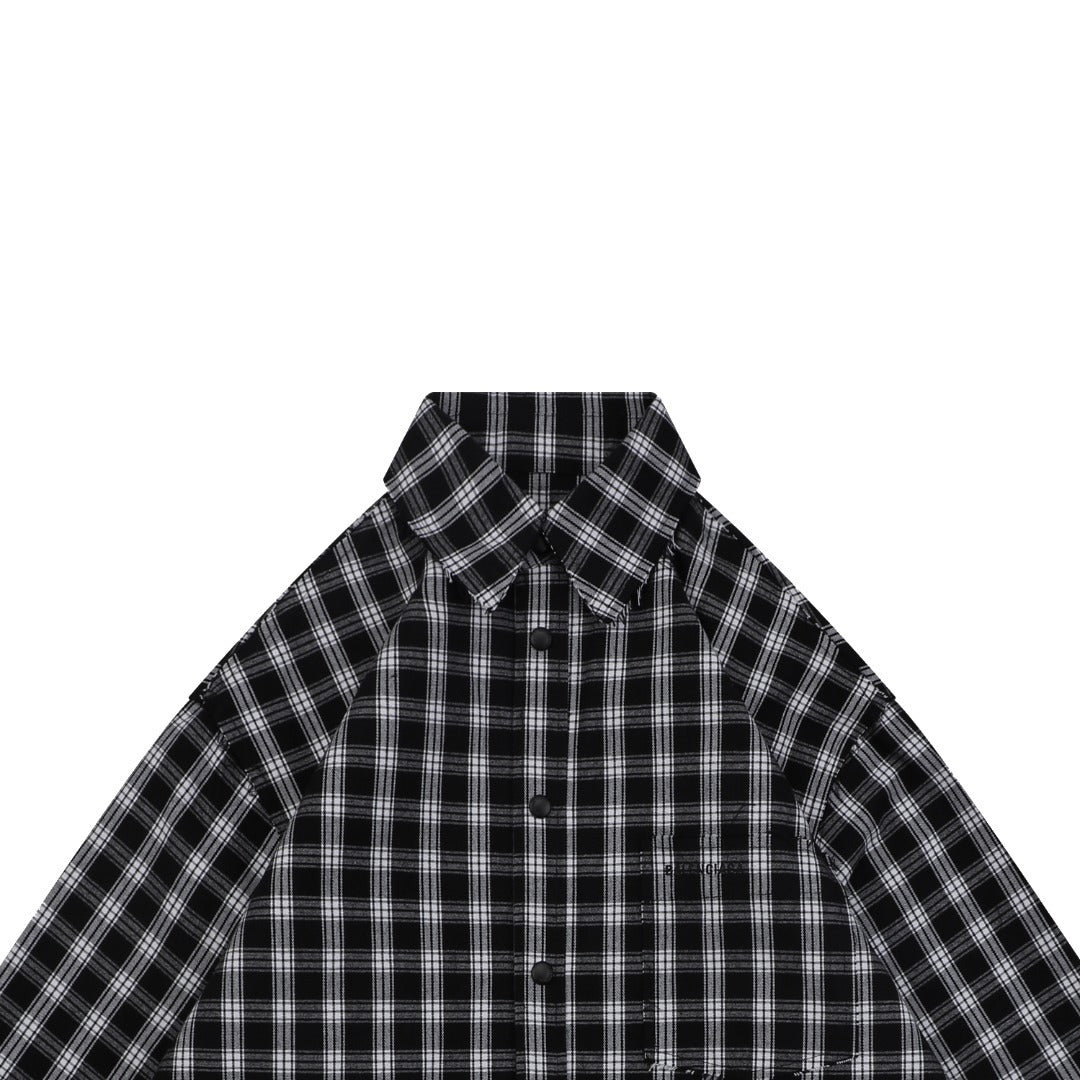 Balenciaga Distressed Plaid Long-Sleeve Shirt - Black & White