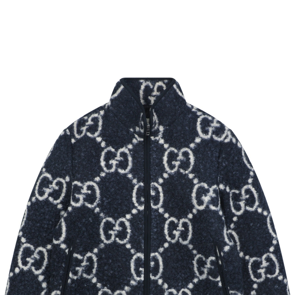 Gucci All-Over GG Sherpa-Style Zip-Up Jacket - Navy & White
