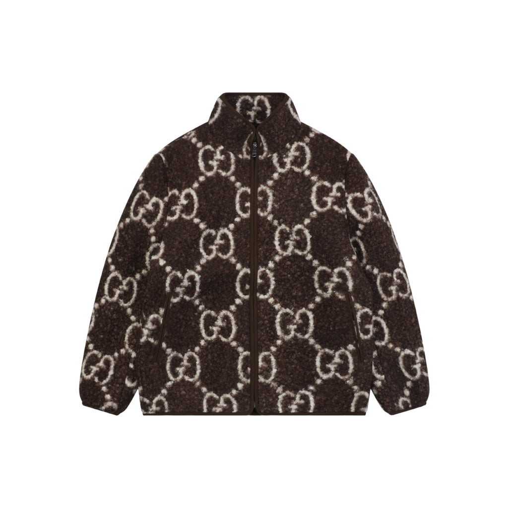 Gucci All-Over GG Sherpa-Style Zip-Up Jacket - Brown & White